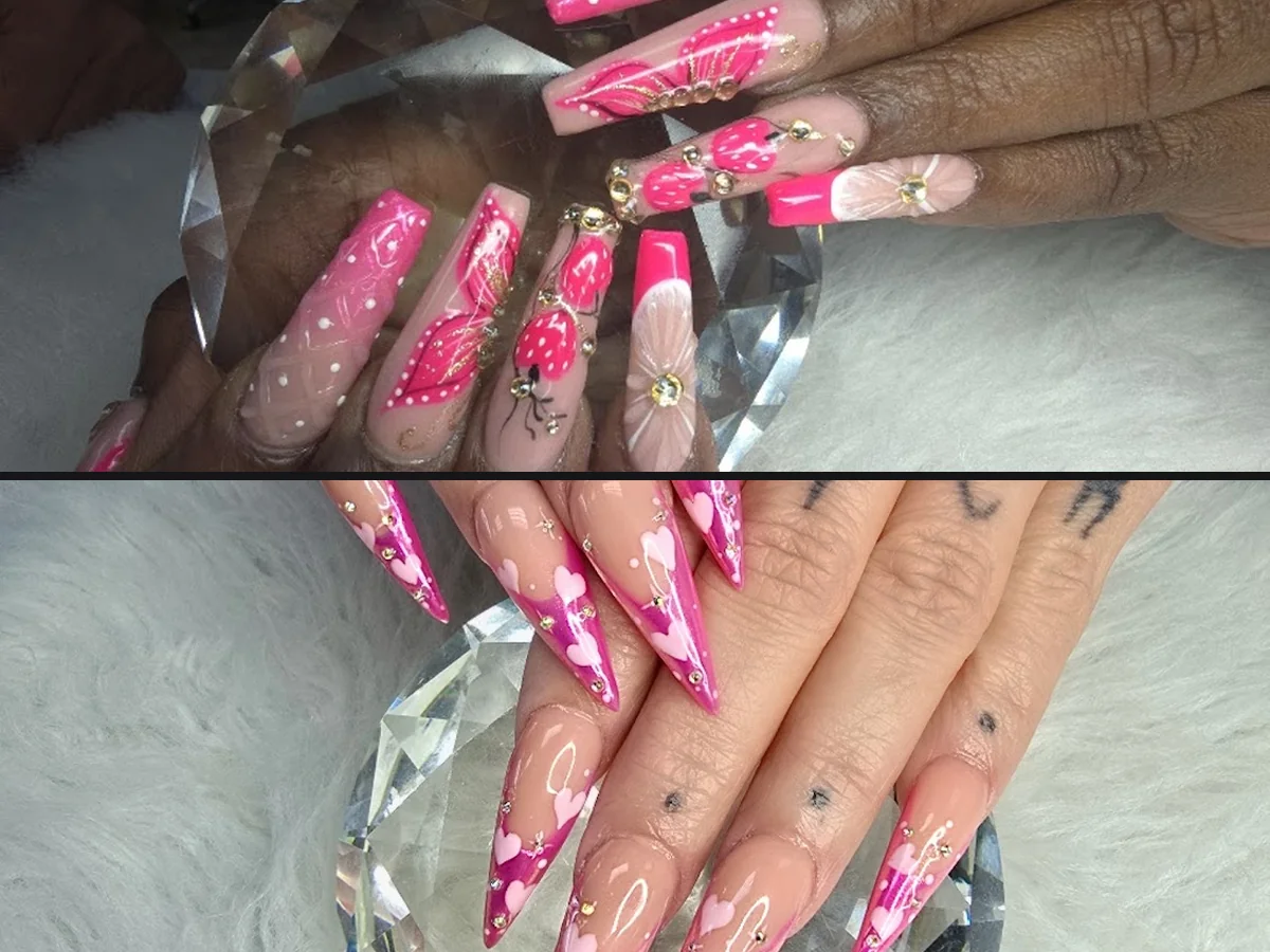 Manicured nails with glossy polish and nail art