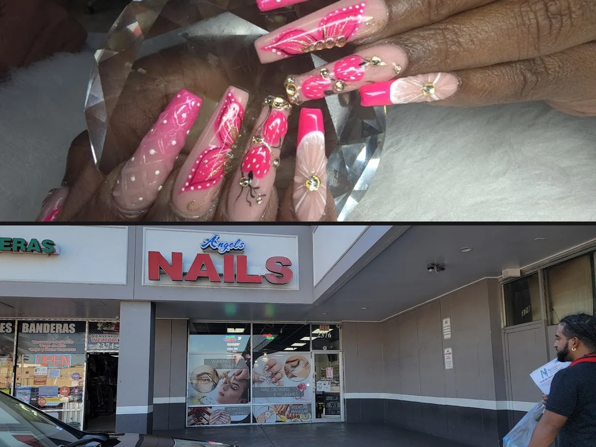 Manicured nails with glossy polish and nail art