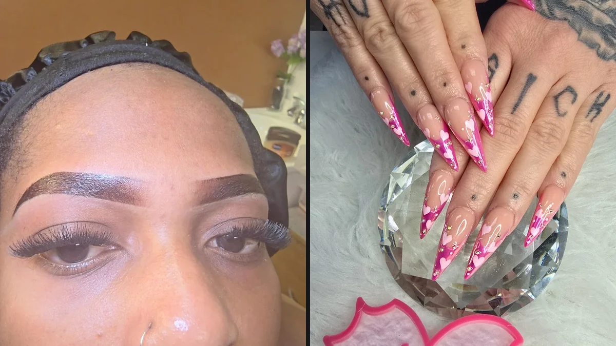 Manicured nails with glossy polish and nail art